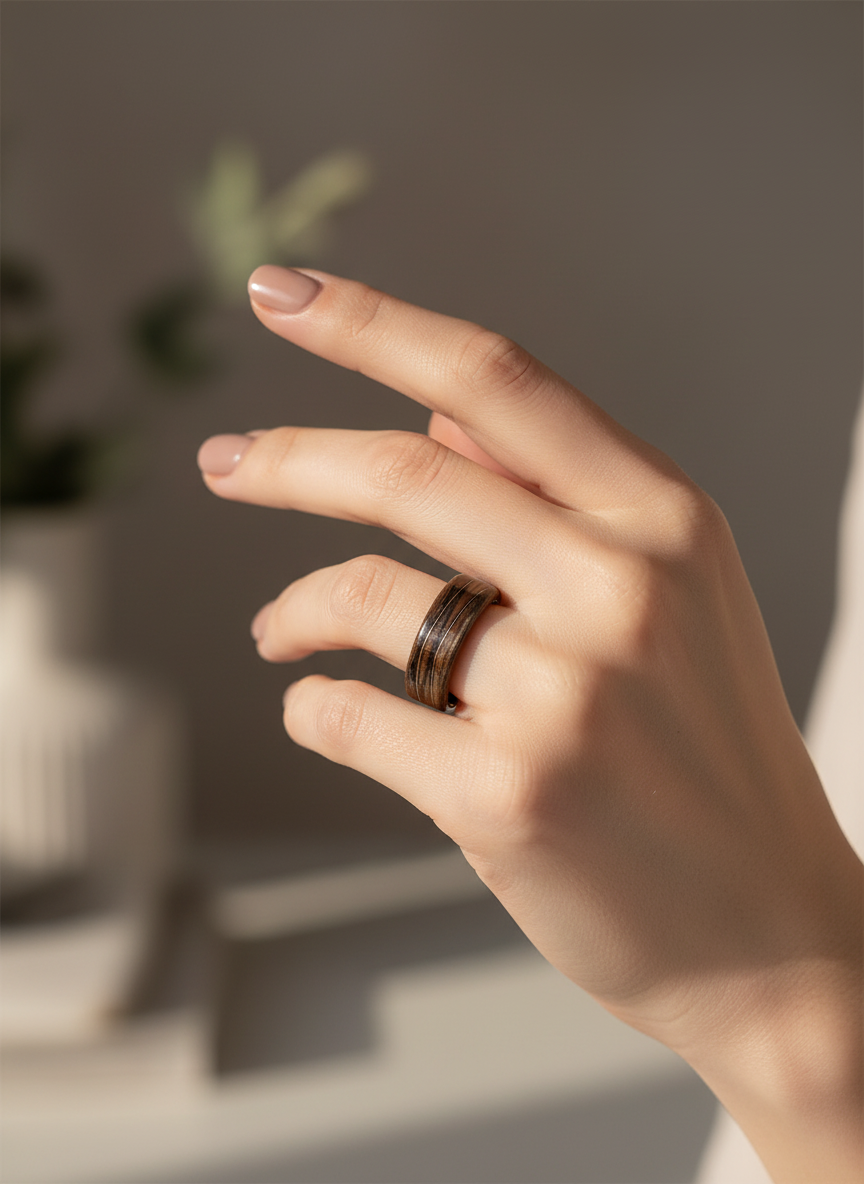 Drewniany pierścionek z orzecha z miedzianą falą – ręcznie wykonywany