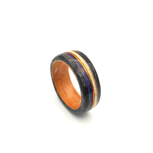 Black Oak & Maple Wood Ring with Blue Opal and Copper Inlay
