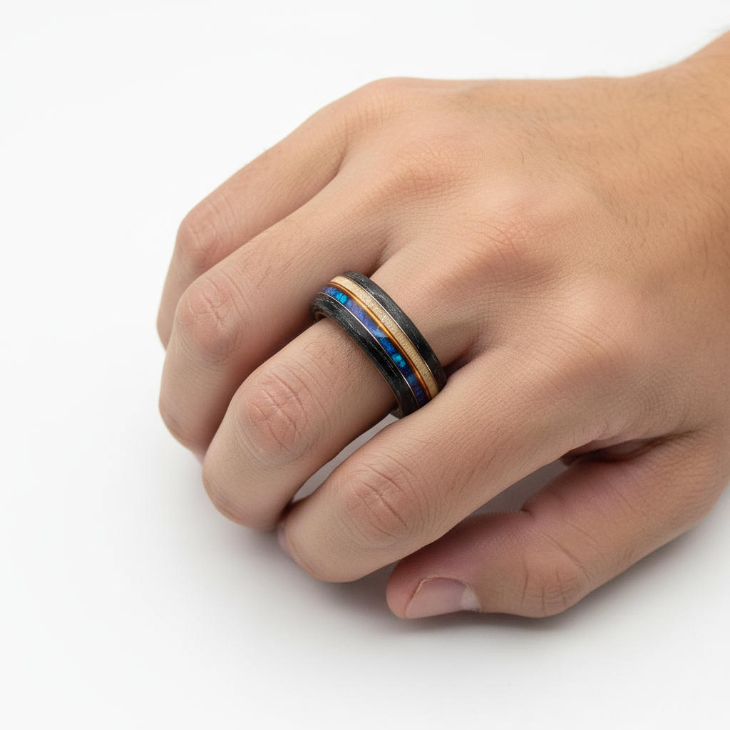 Czarny Dąb i Klon z Błękitnym Opalem — Drewniana Obrączka z Miedzianą Inkrustacją