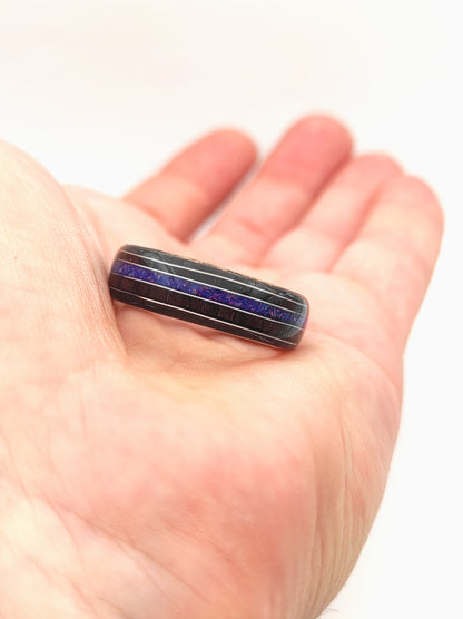 Handmade Triple Veneer Wood Ring with Purple Rosewood & Blue Opal Inlay – Oak, Beech, Black Oak, Silver Accents - WoodRingsByJet