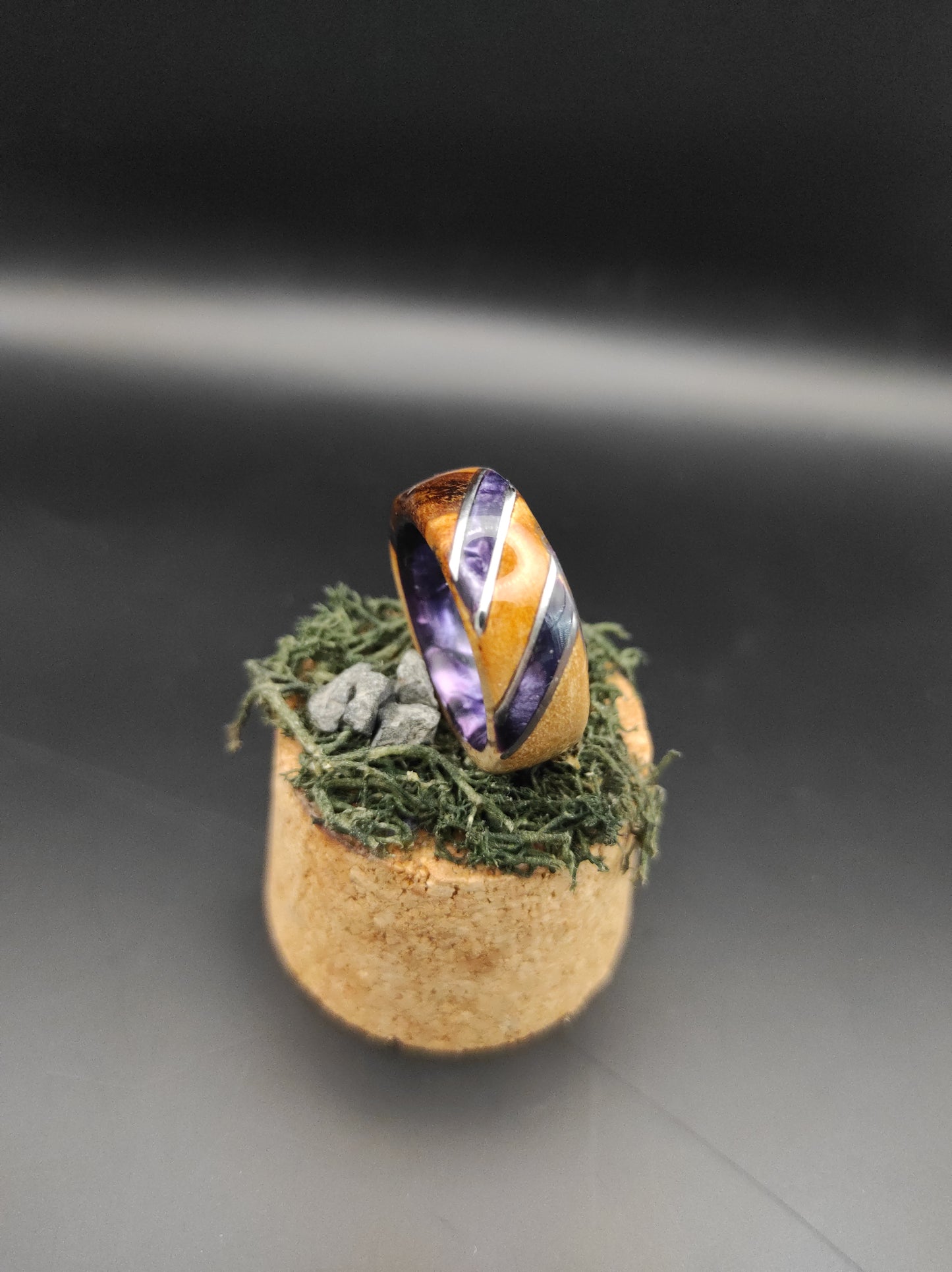 Birch burl Ring and purple celluloid
