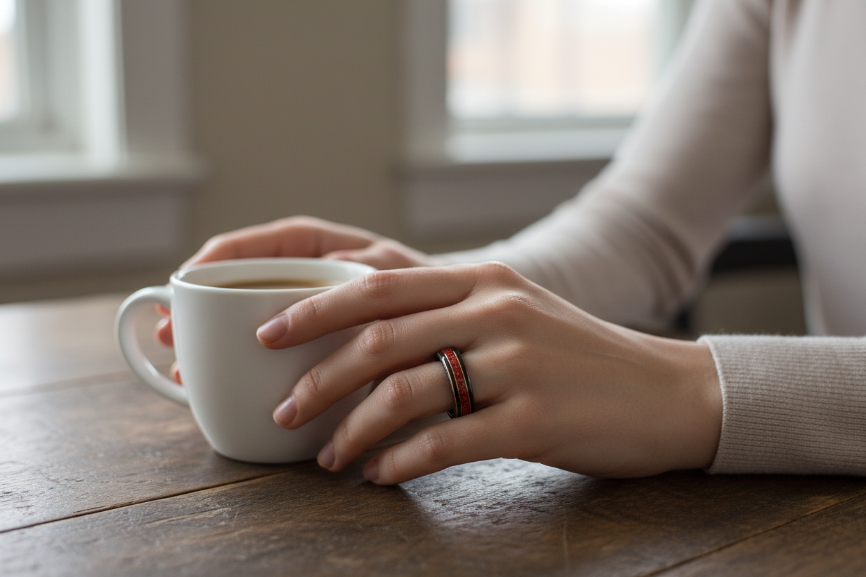 Pierścionek drewniany z czerwonym opalem – heban 3D