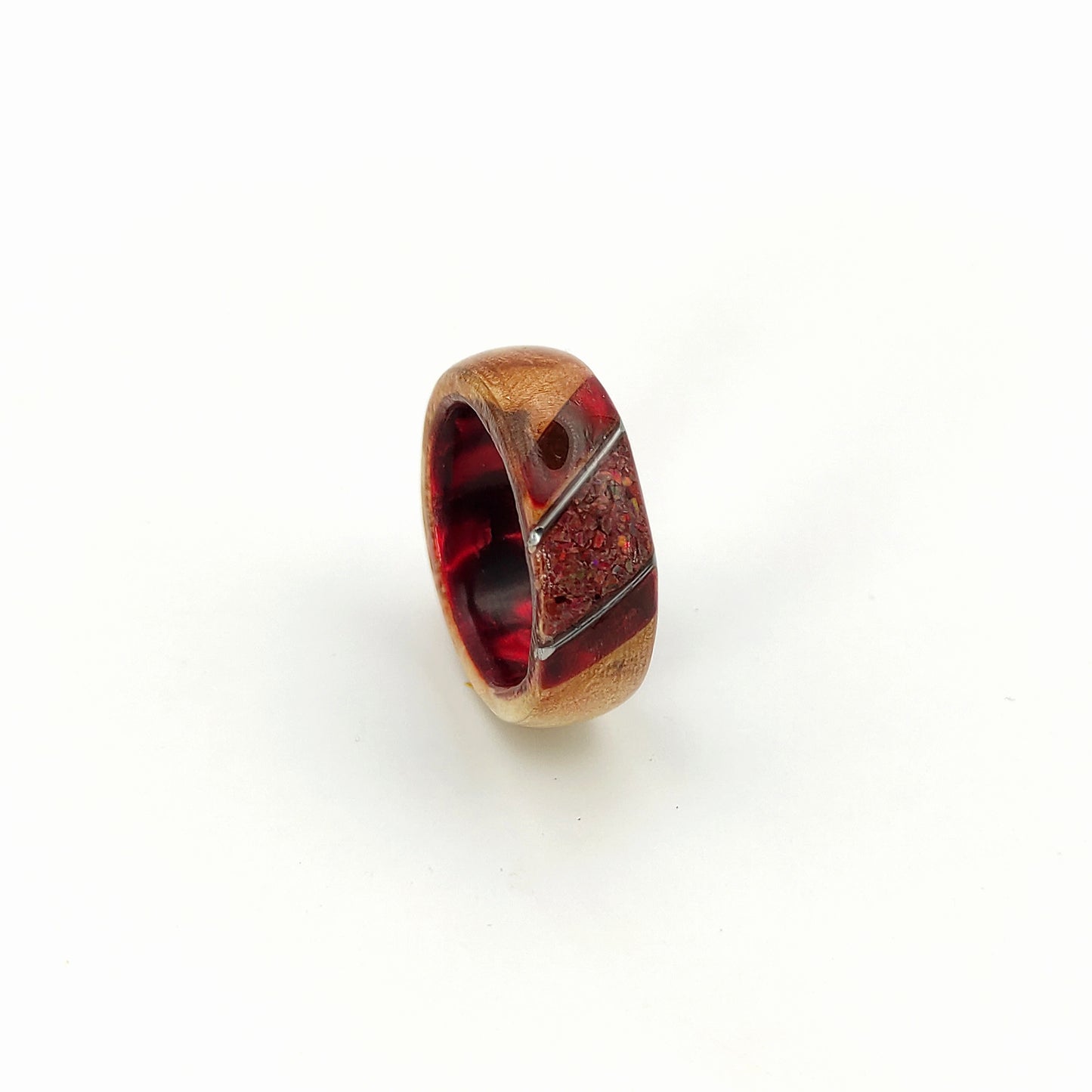 Crimson Ember Ring – Wood, Celluloid & Crushed Red Opal"