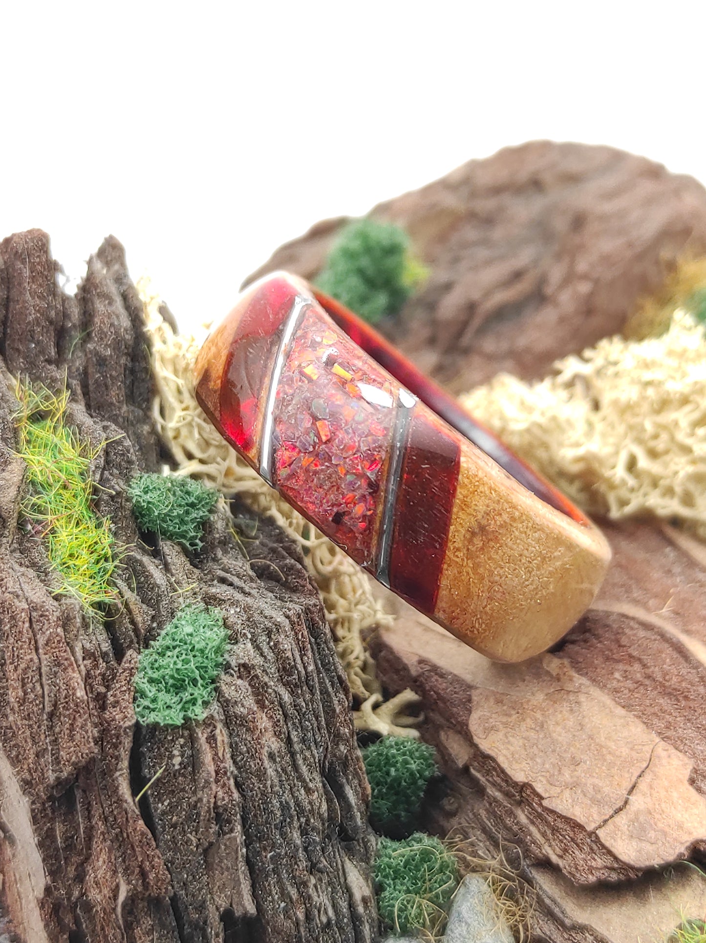 Crimson Ember Ring – Wood, Celluloid & Crushed Red Opal"