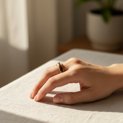 Drewniany pierścionek bukowy wraz z centralnym pasem z ciemnego wenge – handmade