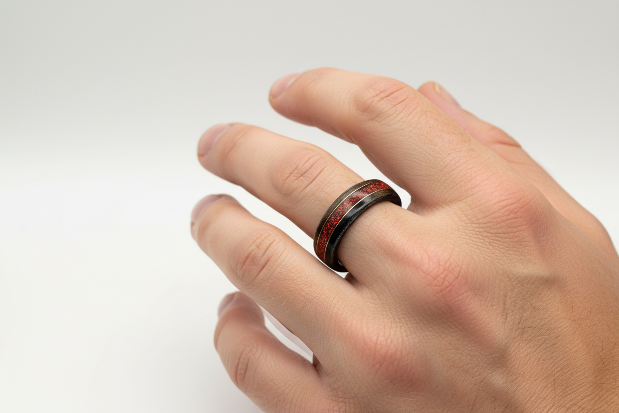 pierścionek z hebanu z czerwonym kamieniem