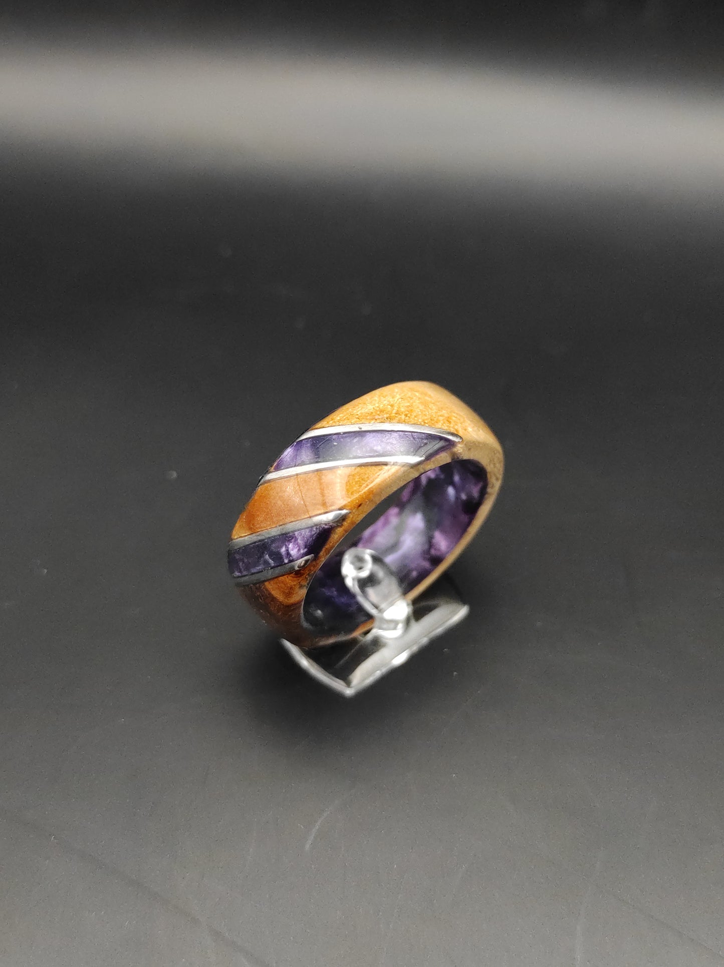 Birch burl Ring and purple celluloid
