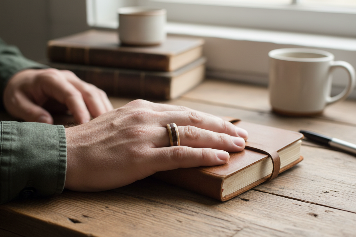 Drewniany pierścionek bukowy wraz z centralnym pasem z ciemnego wenge – handmade