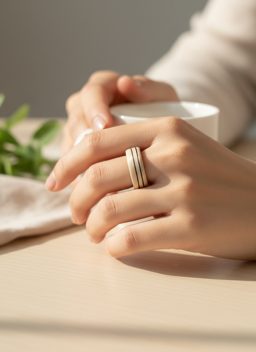 Drewniany pierścionek z bielonego dębu z czarną falą – minimalistyczna forma