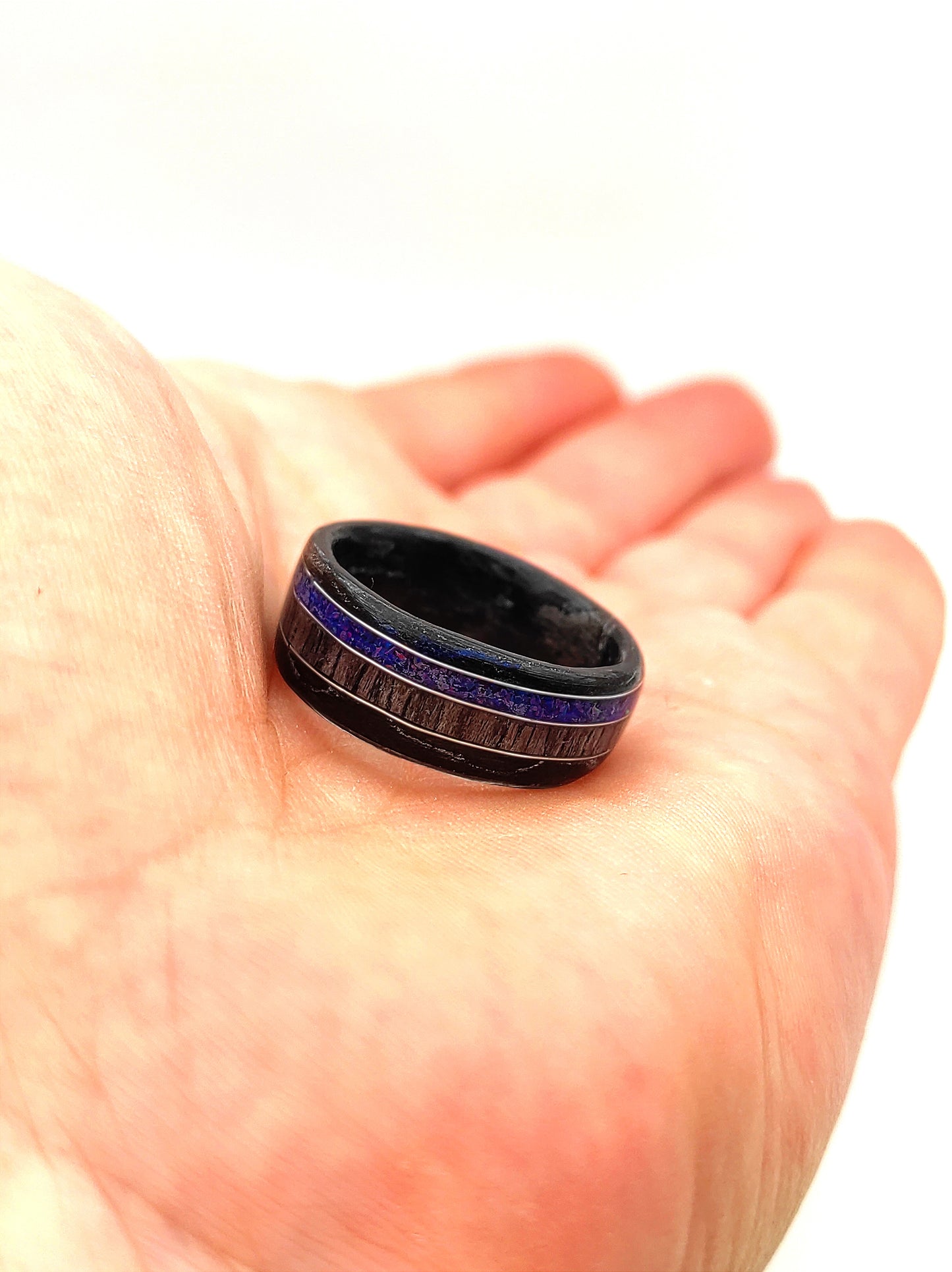 Black Oak & Gray Oak Ring with Blue Opal and Silver Wire