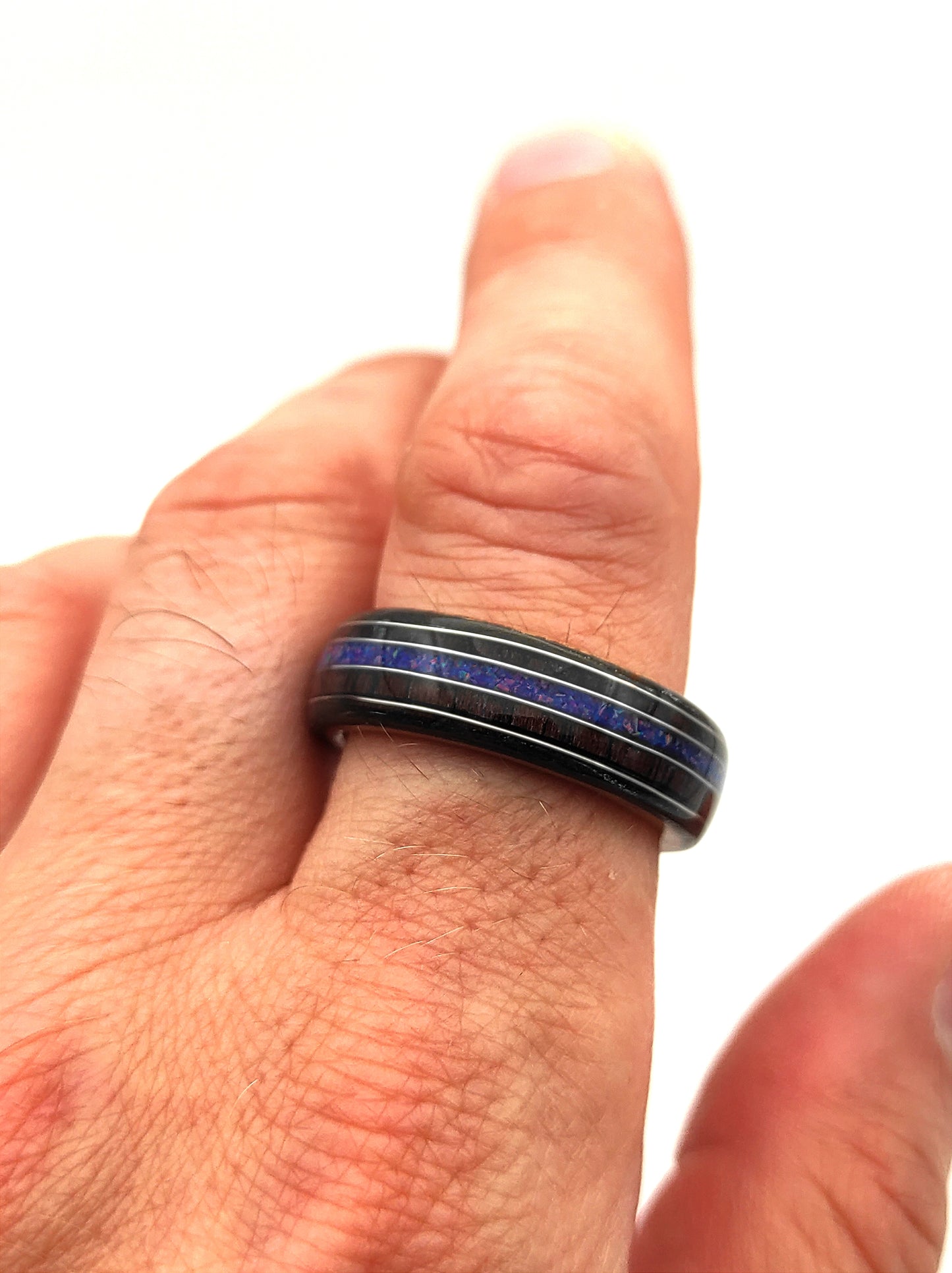 Handmade Triple Veneer Wood Ring with Purple Rosewood & Blue Opal Inlay – Oak, Beech, Black Oak, Silver Accents