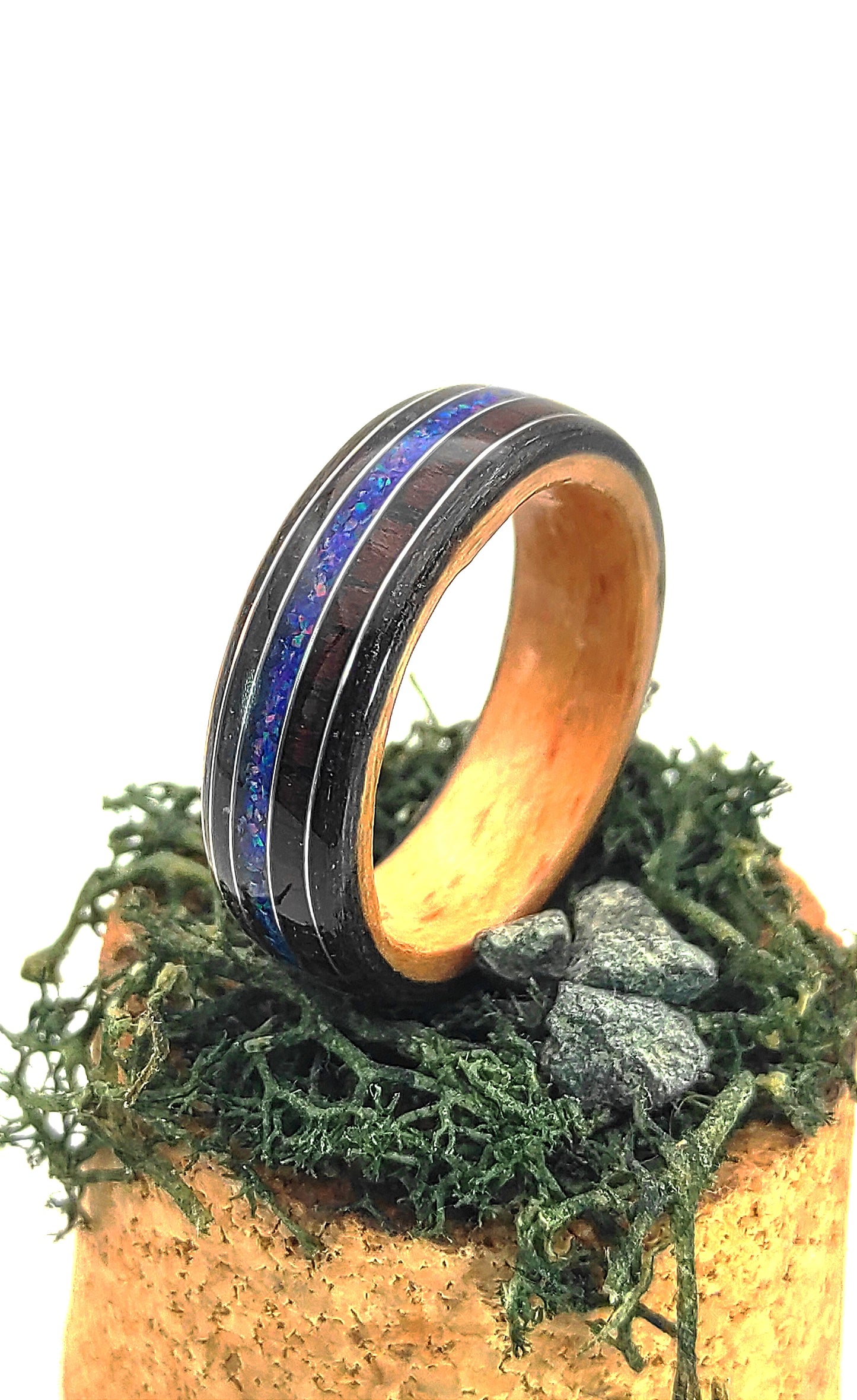 Handmade Triple Veneer Wood Ring with Purple Rosewood & Blue Opal Inlay – Oak, Beech, Black Oak, Silver Accents