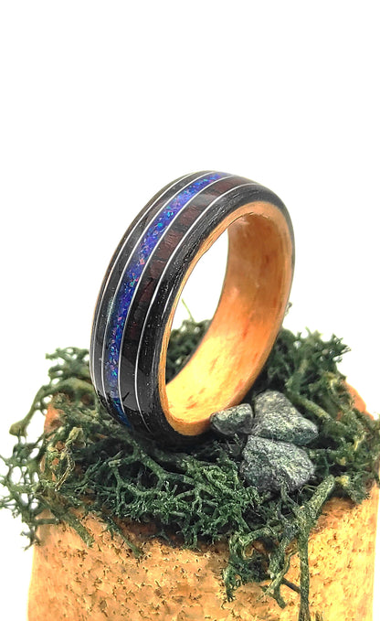 Handmade Triple Veneer Wood Ring with Purple Rosewood & Blue Opal Inlay – Oak, Beech, Black Oak, Silver Accents - WoodRingsByJet