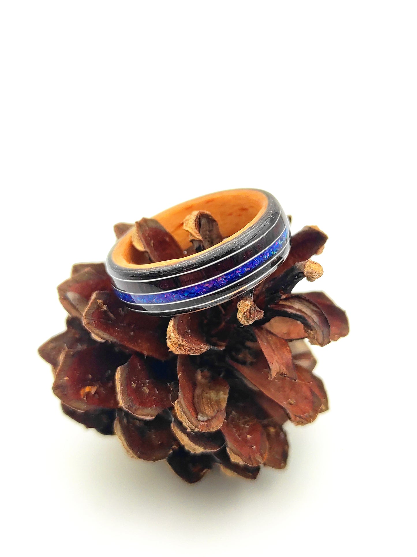 Handmade Triple Veneer Wood Ring with Purple Rosewood & Blue Opal Inlay – Oak, Beech, Black Oak, Silver Accents