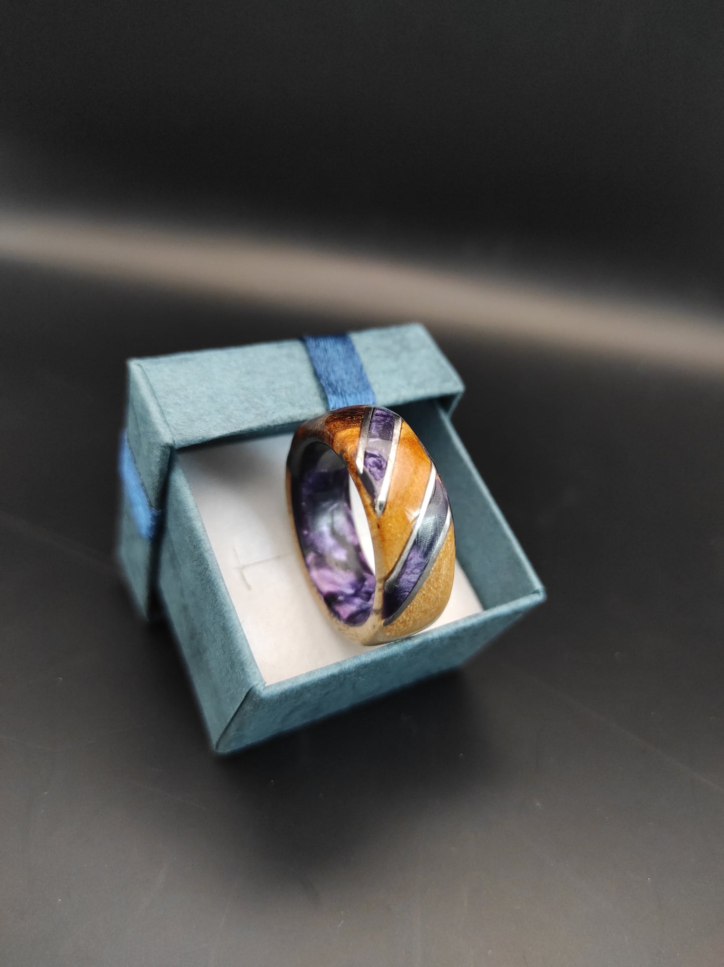 Birch burl Ring and purple celluloid