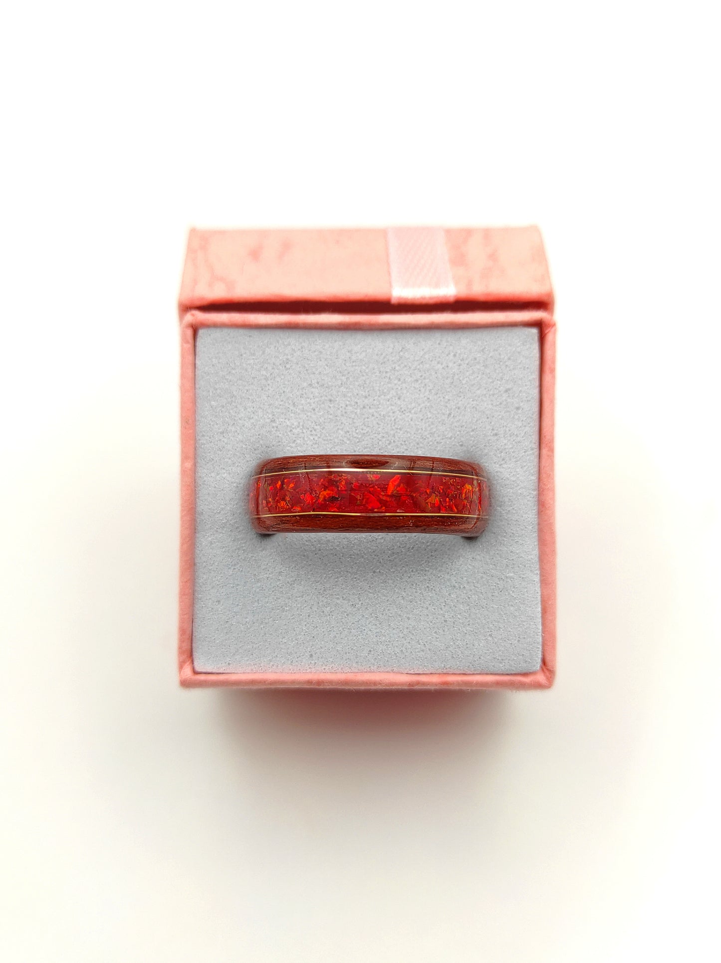 Chestnut Echo – Wooden Ring with Red Opal and Golden Details