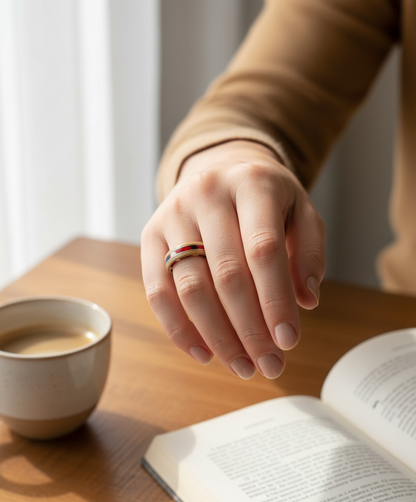 Tętno Koloru – ręcznie robiony pierścionek z drewna bukowego z kolorowym celuloidem