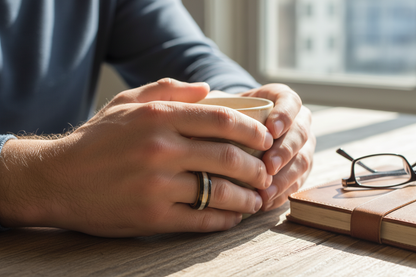 Drewniany pierścionek z jesionu i dębu srebrzystego z perłową wkładką i złotym akcentem