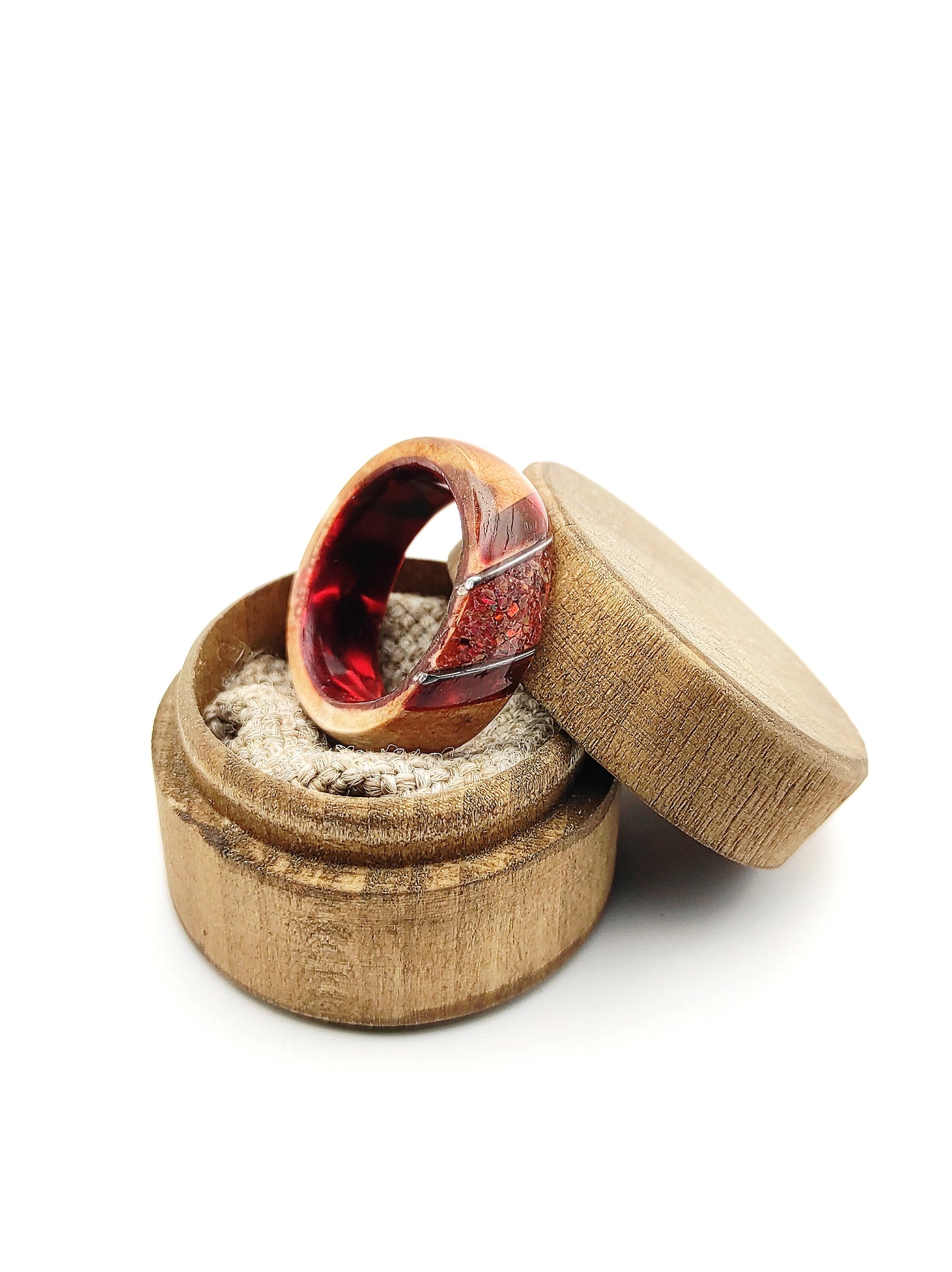 Crimson Ember Ring – Wood, Celluloid & Crushed Red Opal"