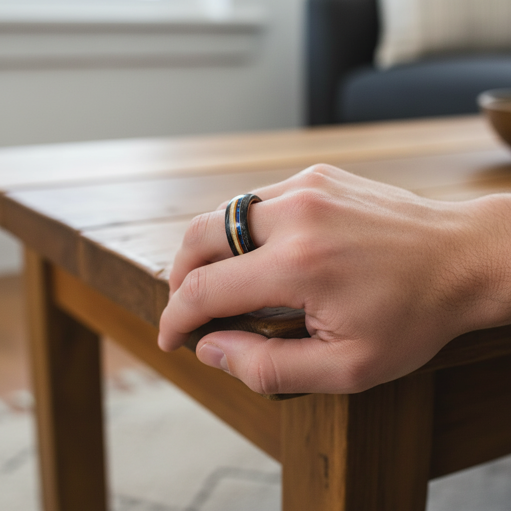 Czarny Dąb i Klon z Błękitnym Opalem — Drewniana Obrączka z Miedzianą Inkrustacją