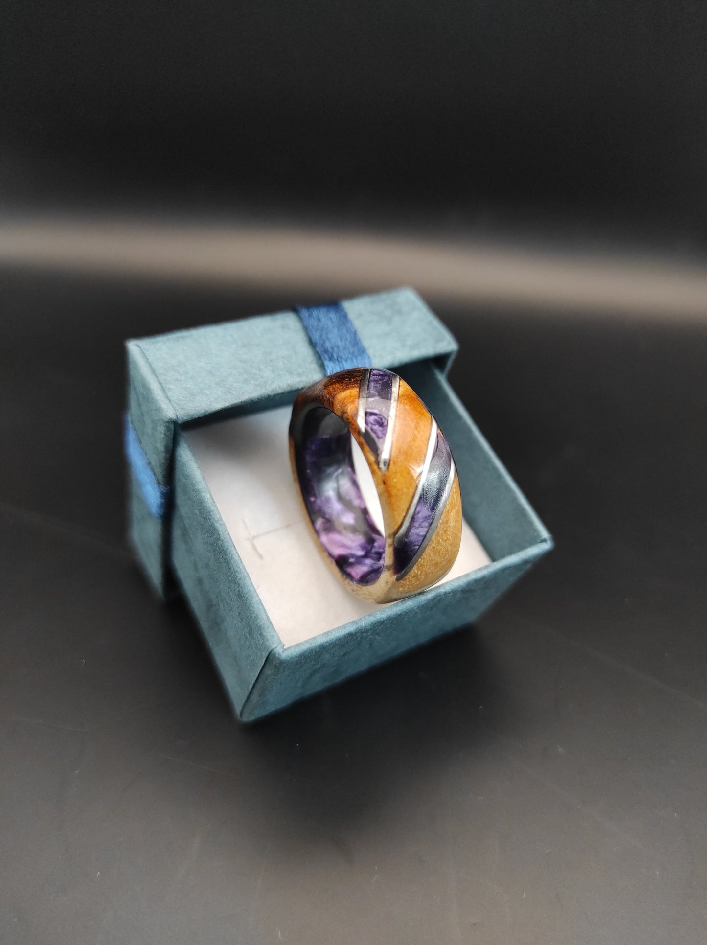 Birch burl Ring and purple celluloid