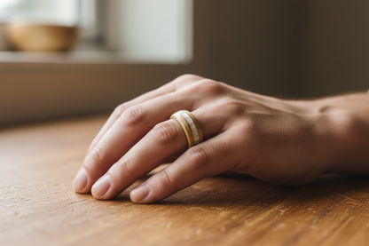 Jesionowy Pierścionek z Perlistą Wkładką – Ręcznie Wykonany z Miedzianym Detalem