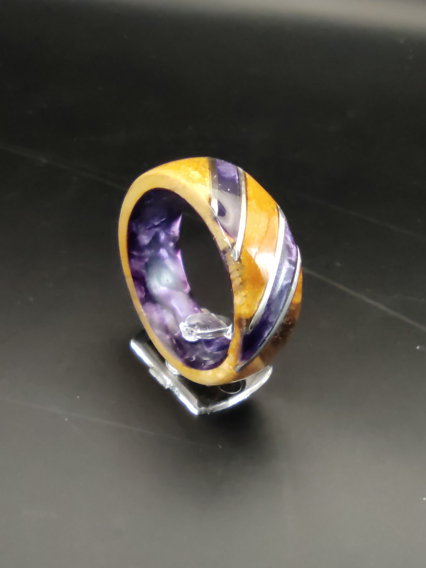 Birch burl Ring and purple celluloid