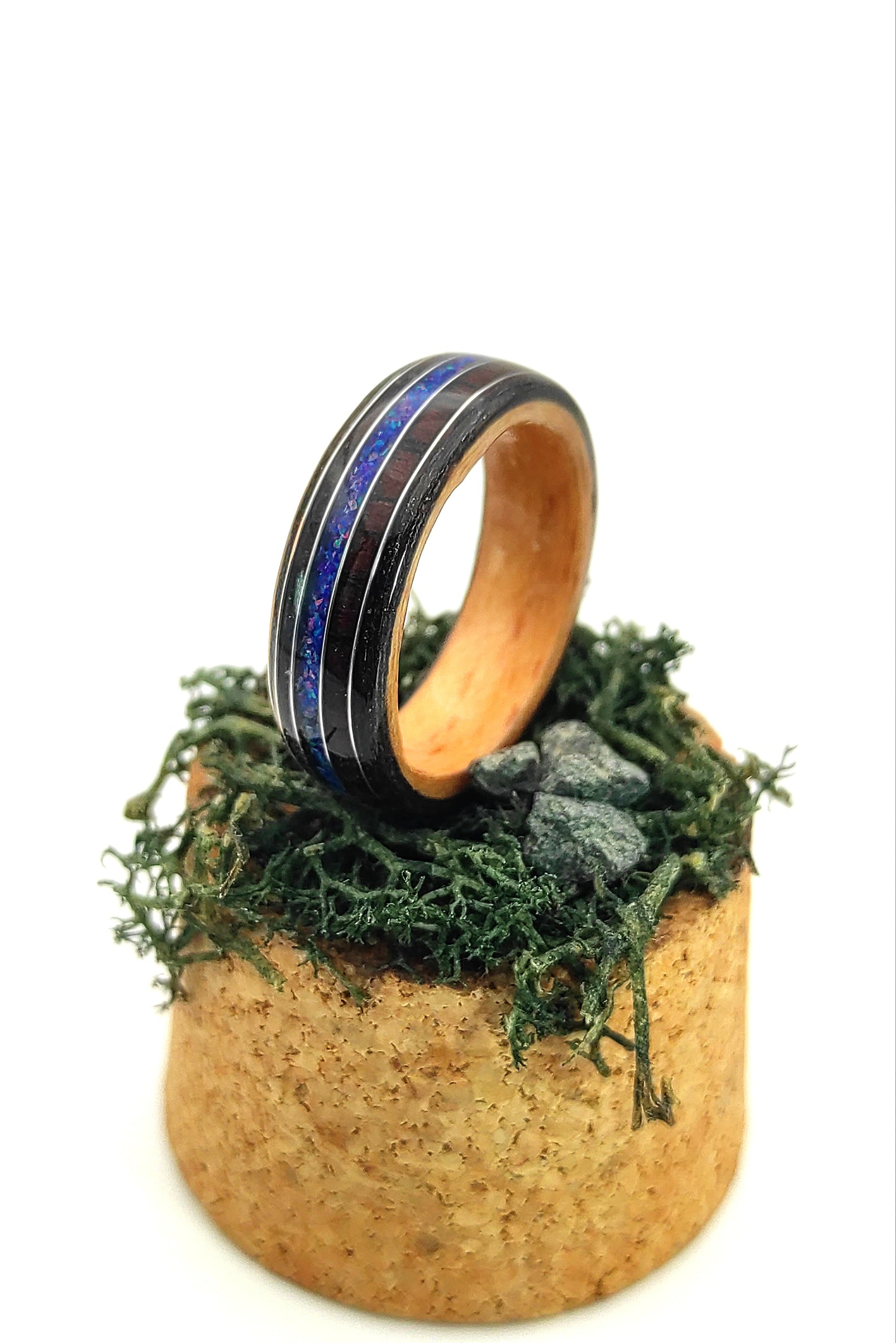 Handmade Triple Veneer Wood Ring with Purple Rosewood & Blue Opal Inlay – Oak, Beech, Black Oak, Silver Accents