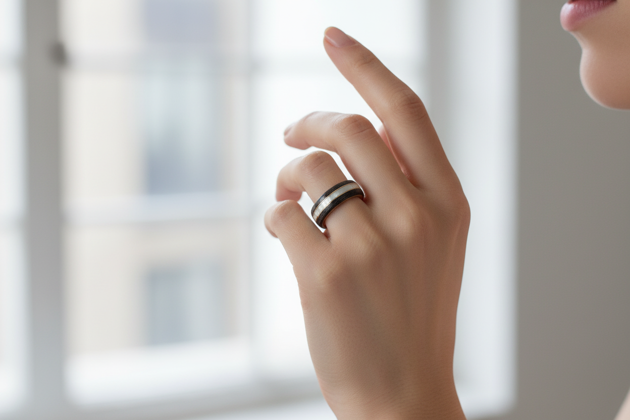 Drewniany pierścionek z jesionu i dębu srebrzystego z perłową wkładką i złotym akcentem