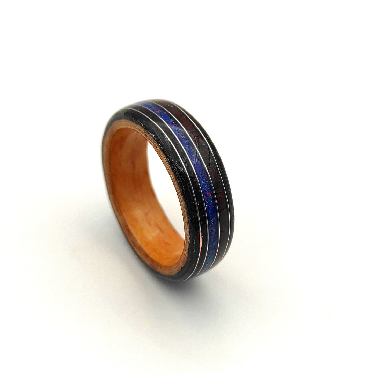 Handmade Triple Veneer Wood Ring with Purple Rosewood & Blue Opal Inlay – Oak, Beech, Black Oak, Silver Accents
