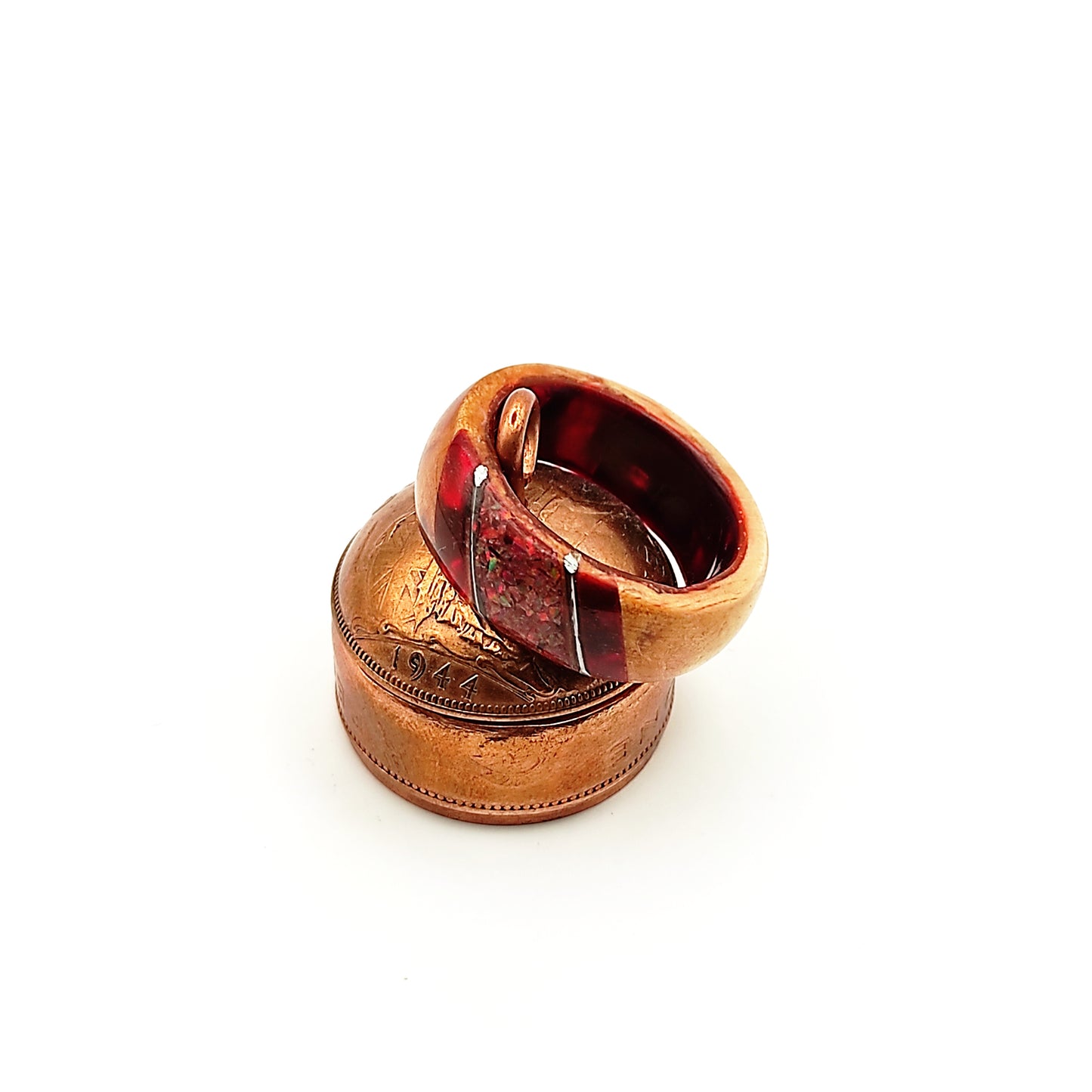 Crimson Ember Ring – Wood, Celluloid & Crushed Red Opal"