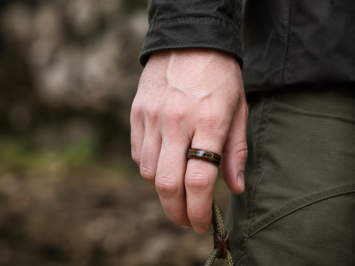 Drewniany pierścionek z zieloną żywicą i miedzianą linią – heban handmade