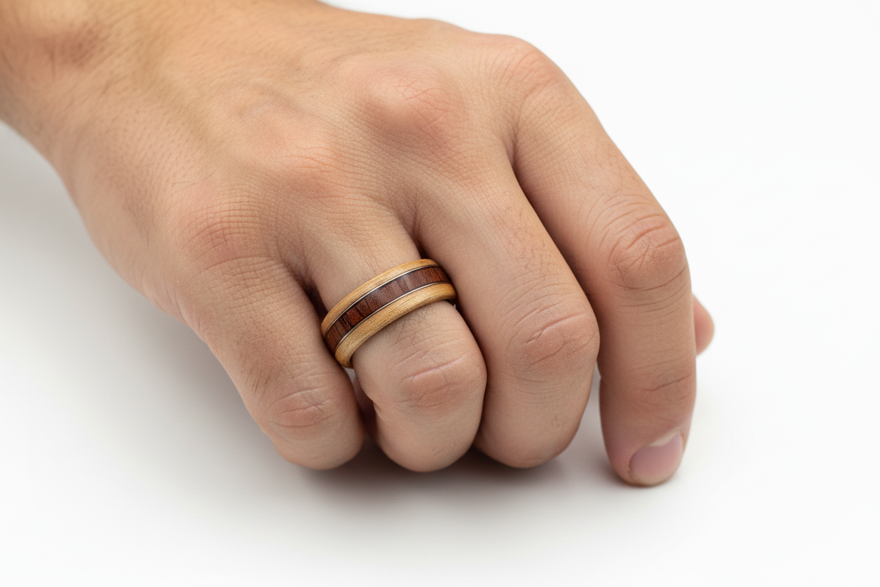 Drewniany pierścionek z jesionu z falą z palisandru i srebrnym drucikiem