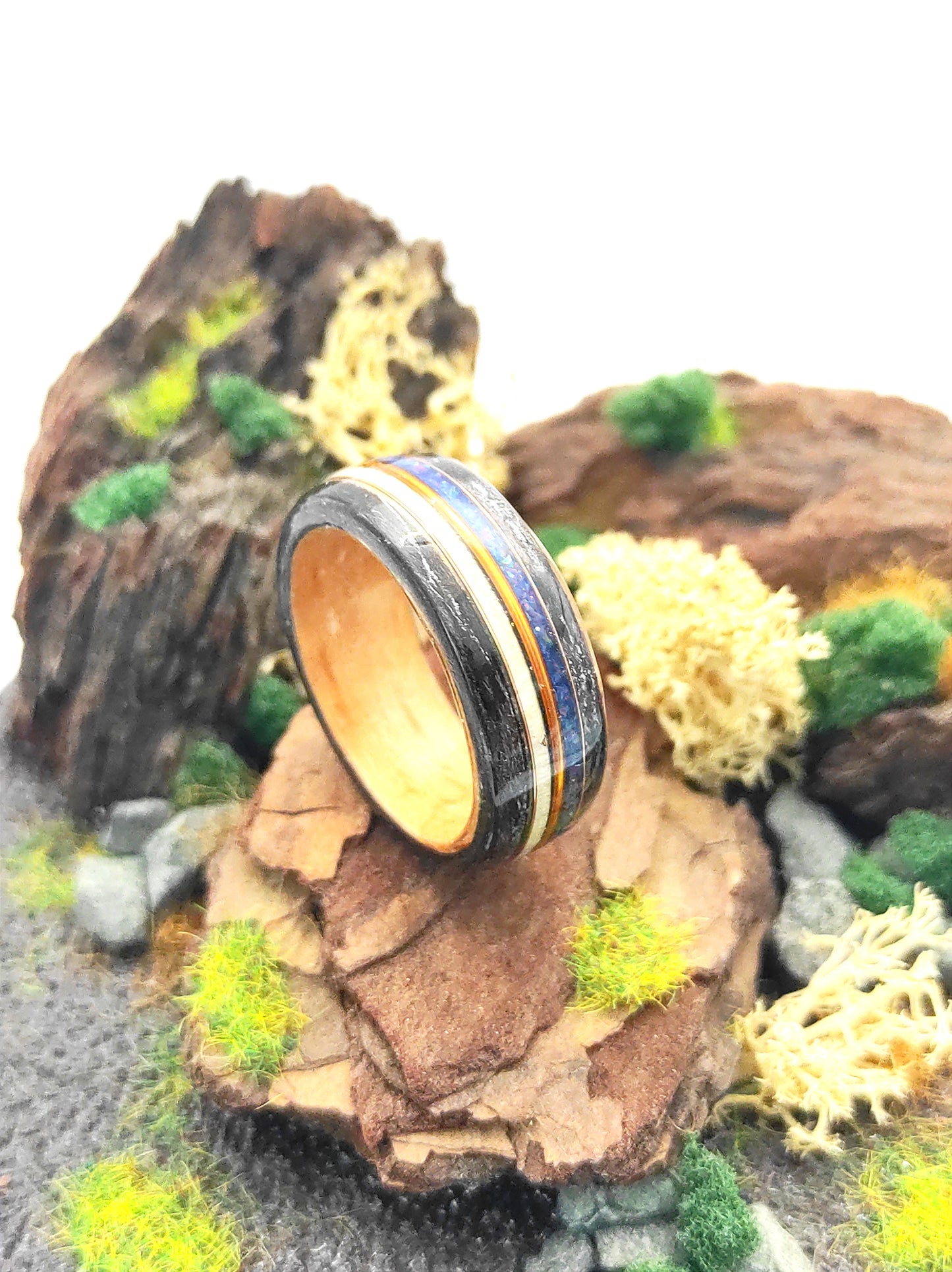 Artisan wood ring with copper wire accents and natural opal shimmer