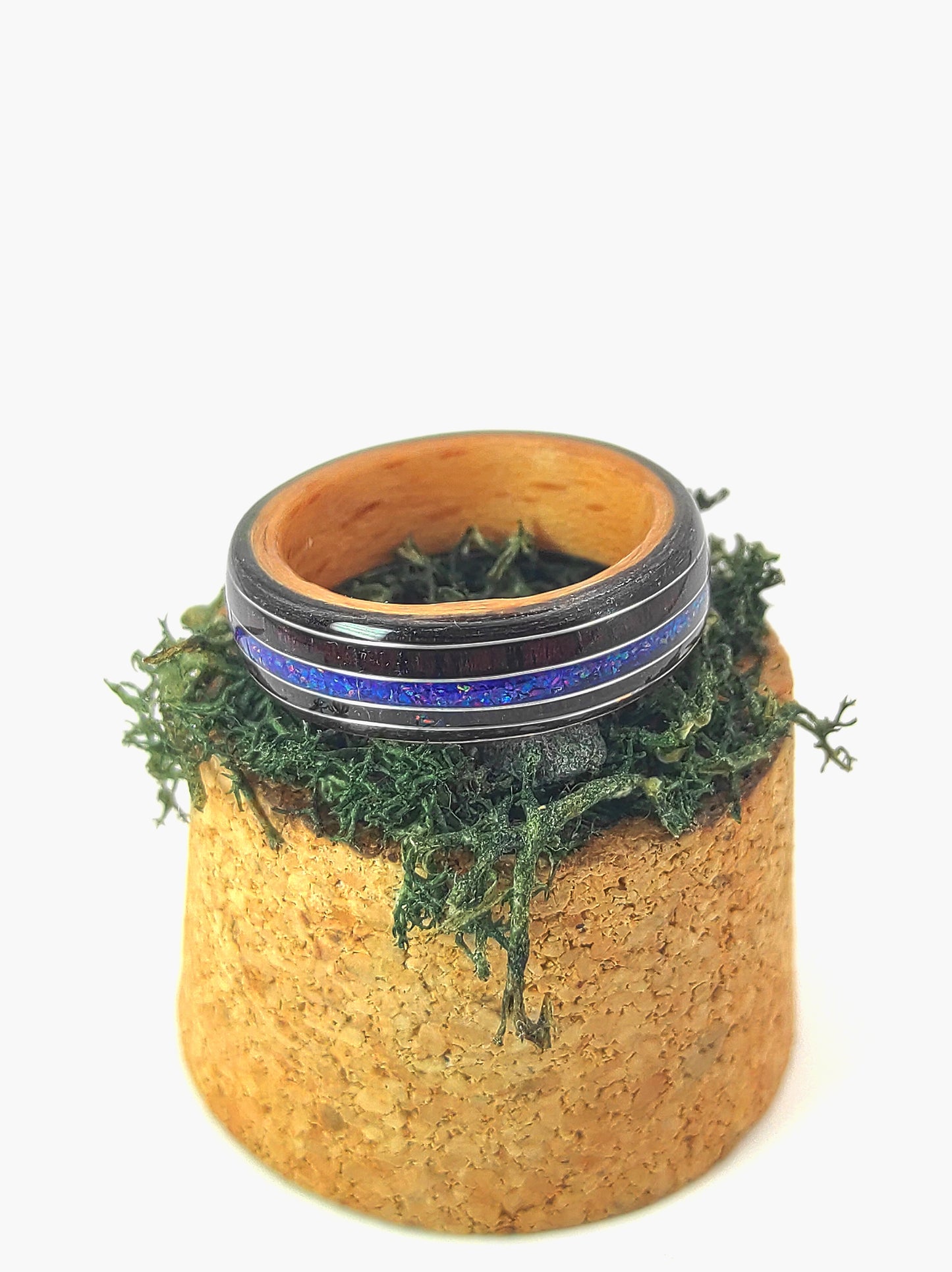 Handmade Triple Veneer Wood Ring with Purple Rosewood & Blue Opal Inlay – Oak, Beech, Black Oak, Silver Accents