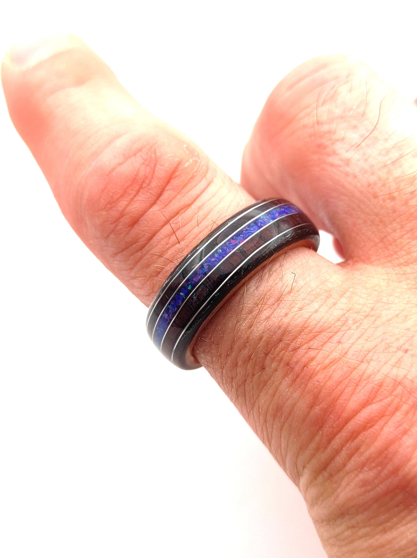 Handmade Triple Veneer Wood Ring with Purple Rosewood & Blue Opal Inlay – Oak, Beech, Black Oak, Silver Accents