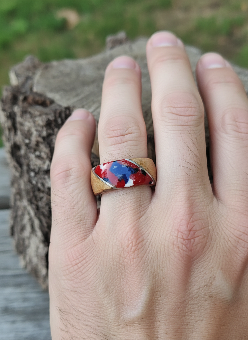 Mozaikowy Pierścionek z Buka – Drewno Bukowe Ręcznie Robiona Obrączka