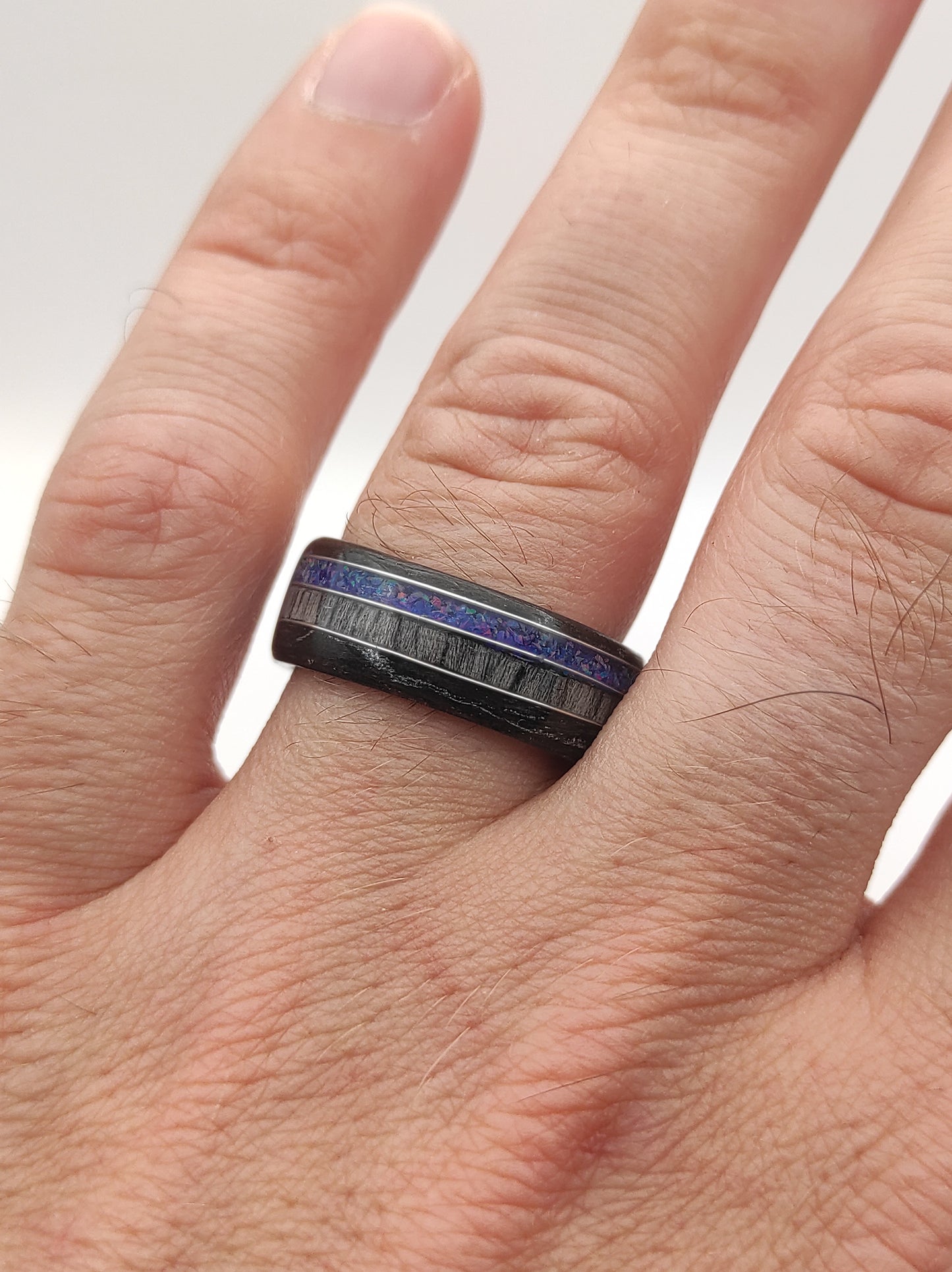 Black Oak & Gray Oak Ring with Blue Opal and Silver Wire