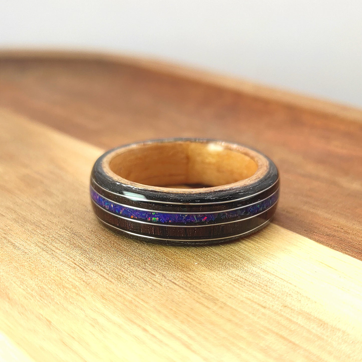 Handmade Triple Veneer Wood Ring with Purple Rosewood & Blue Opal Inlay – Oak, Beech, Black Oak, Silver Accents