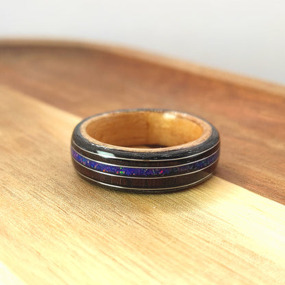 Handmade Triple Veneer Wood Ring with Purple Rosewood & Blue Opal Inlay – Oak, Beech, Black Oak, Silver Accents - WoodRingsByJet