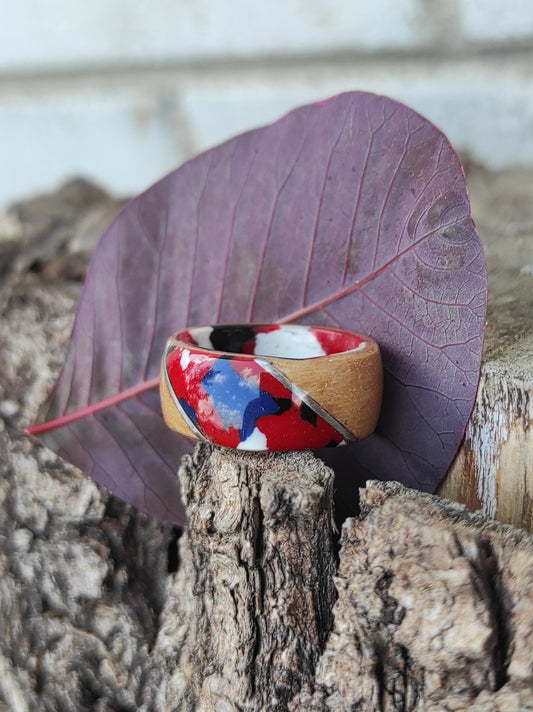 Handmade Beechwood Ring with colorful celluloid mosaic inlay – red, navy, black and white accents