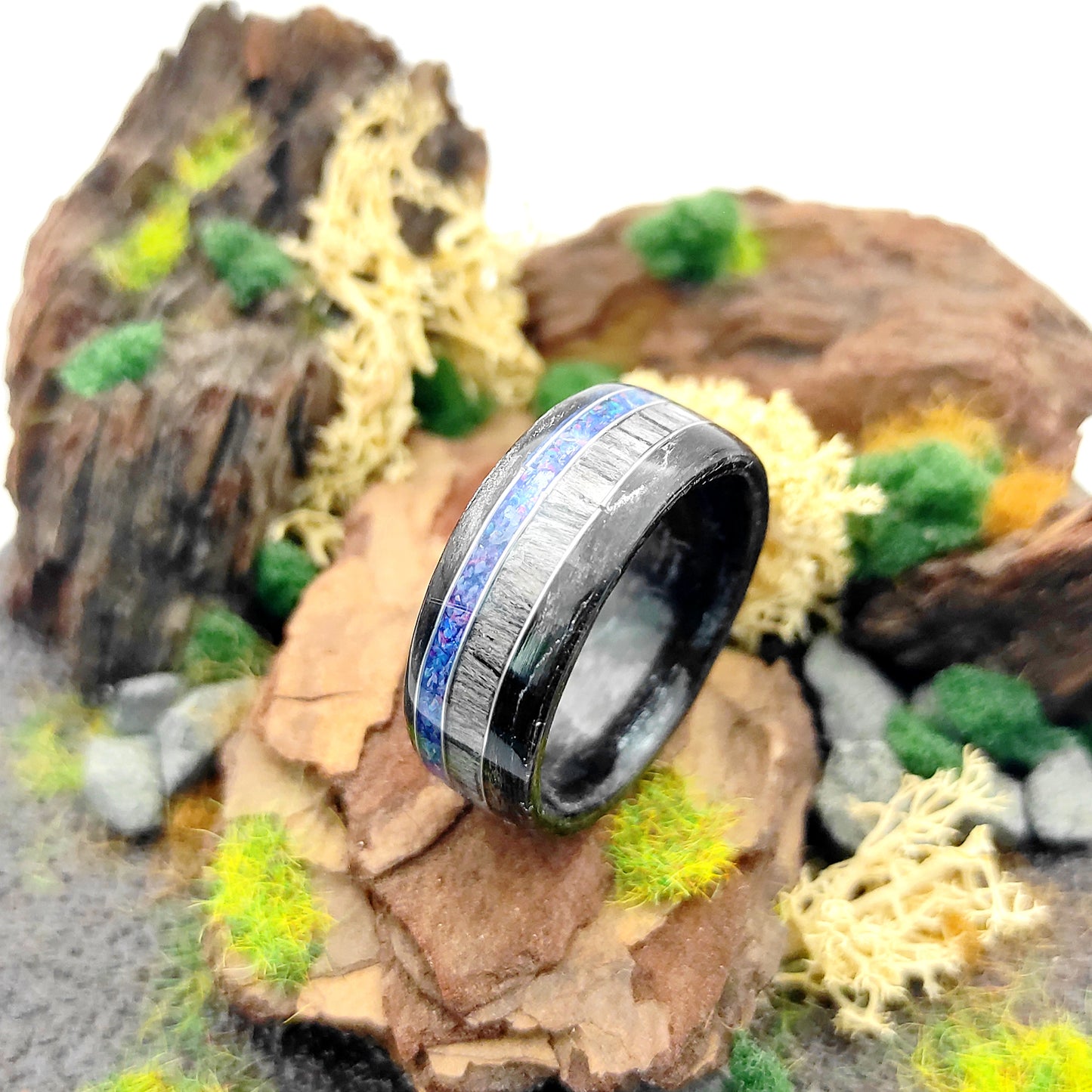 Black Oak & Gray Oak Ring with Blue Opal and Silver Wire