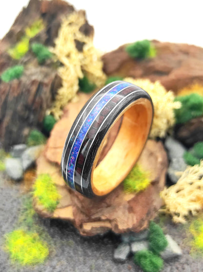 Handmade Triple Veneer Wood Ring with Purple Rosewood & Blue Opal Inlay – Oak, Beech, Black Oak, Silver Accents - WoodRingsByJet