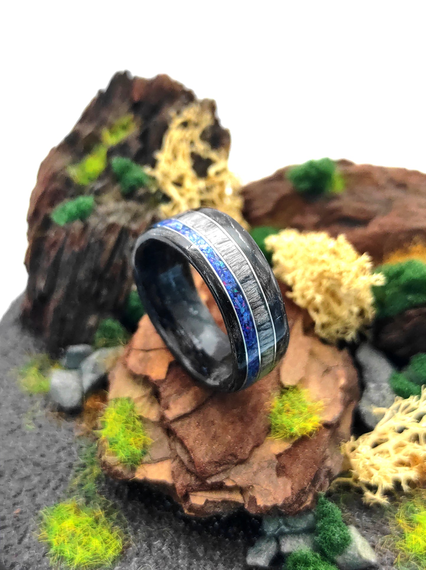 Black Oak & Gray Oak Ring with Blue Opal and Silver Wire