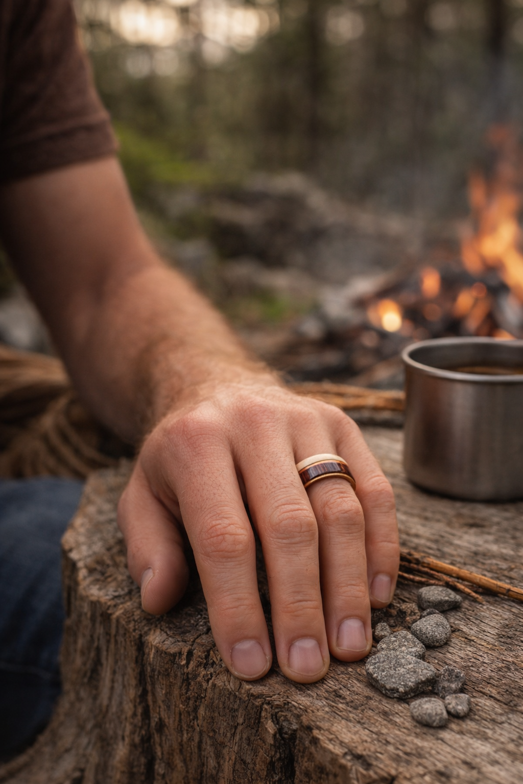 Ręcznie robiony pierścionek drewniany z wenge, buku i klonu noszony na palcu