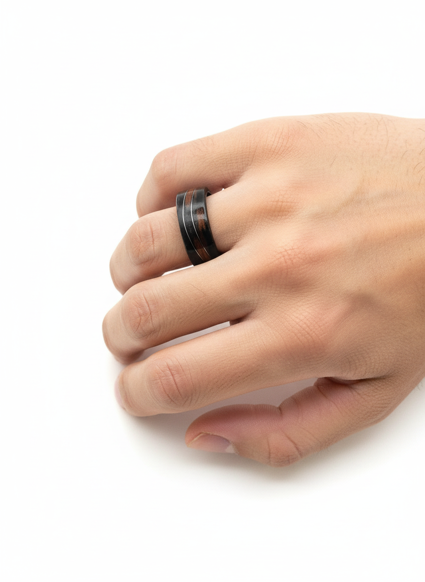 Pierścionek z hebanu z falą z drucika w kolorze srebrnym – kolekcja Fal