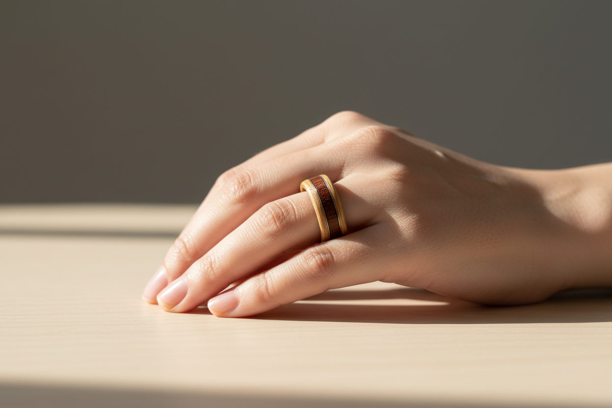 Drewniany pierścionek z jesionu z falą z palisandru i srebrnym drucikiem