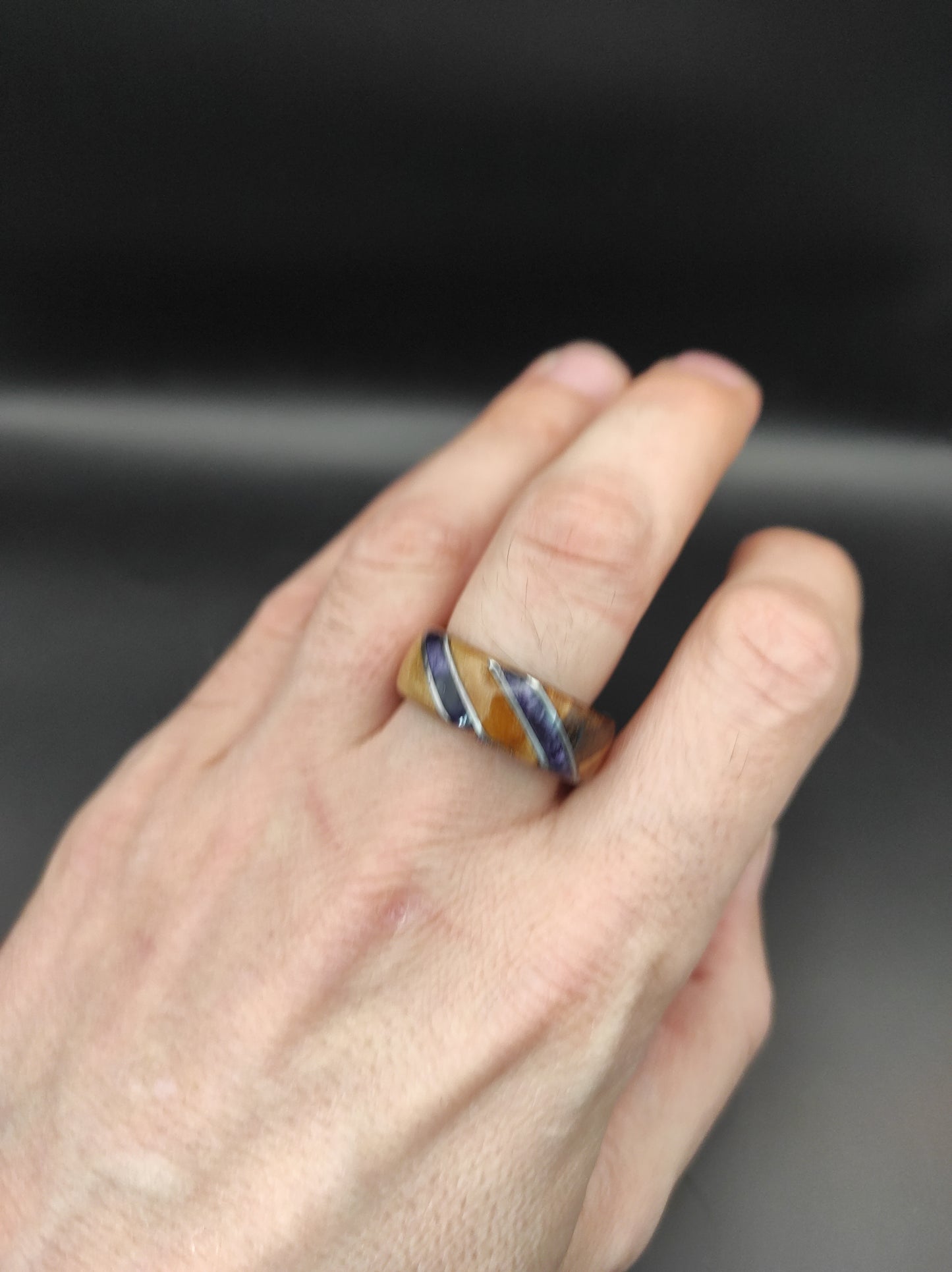 Birch burl Ring and purple celluloid