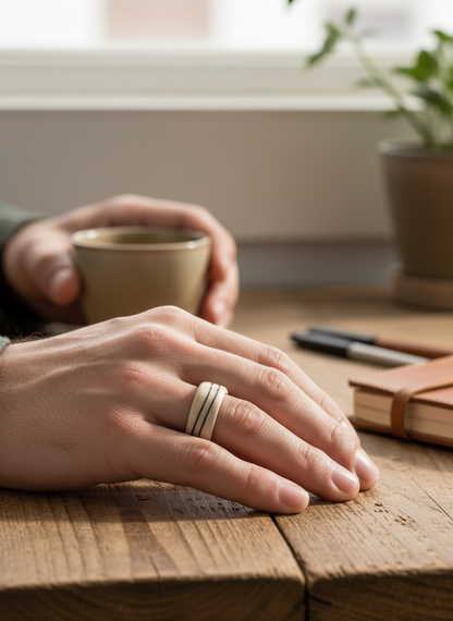 Drewniany pierścionek z bielonego dębu z czarną falą – minimalistyczna forma