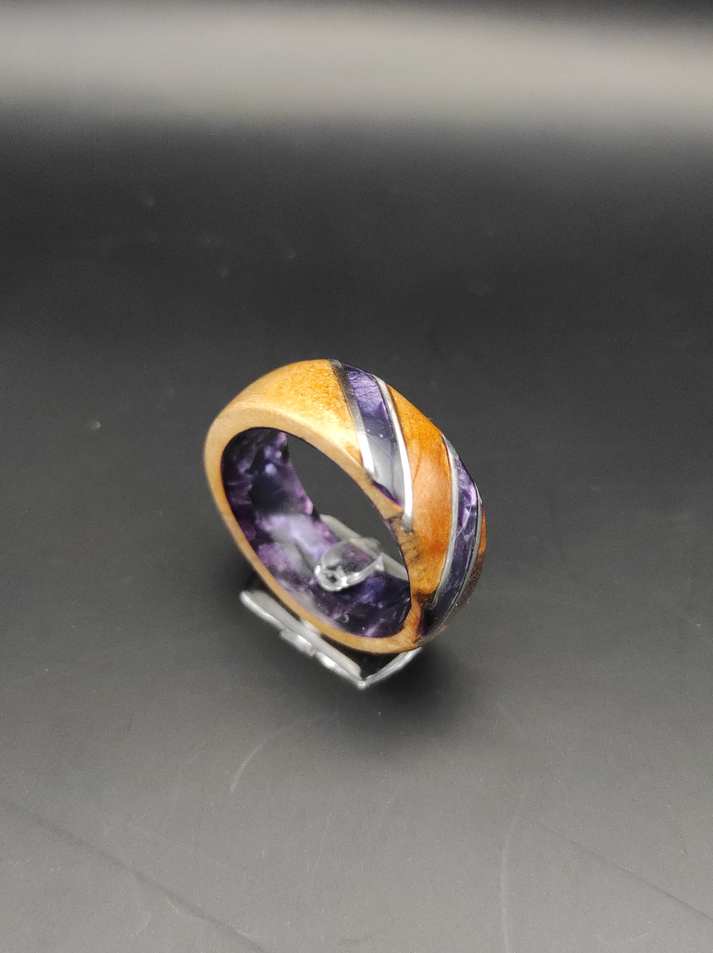 Birch burl Ring and purple celluloid